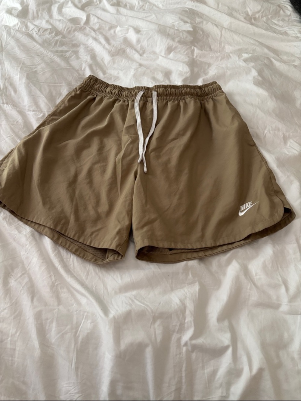Nike Men's Khaki Athletic Shorts with White Drawstring